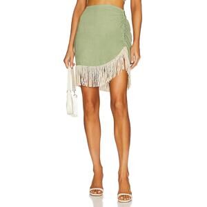 Just Bee Queen Valencia Mini Skirt Linen Fringe Eucalyptus Green/Tan Size XS
